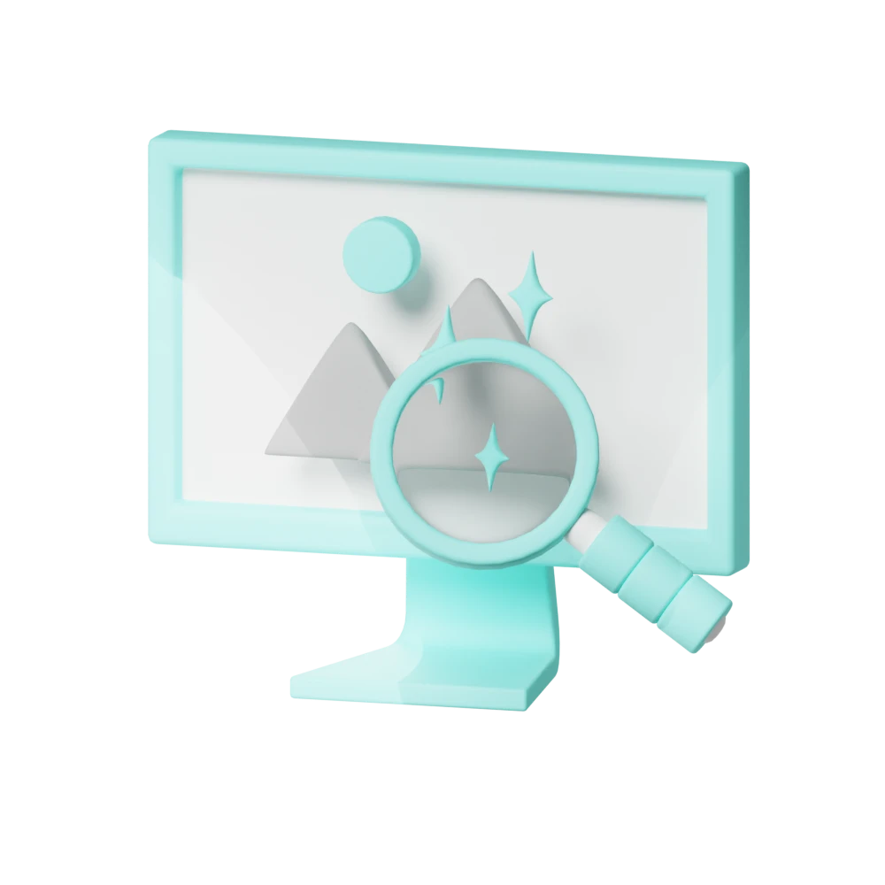 3D computer monitor icon with an image of a mountain displayed on the screen and a magnifying glass positioned in front of it symbolizing the search for brand content online