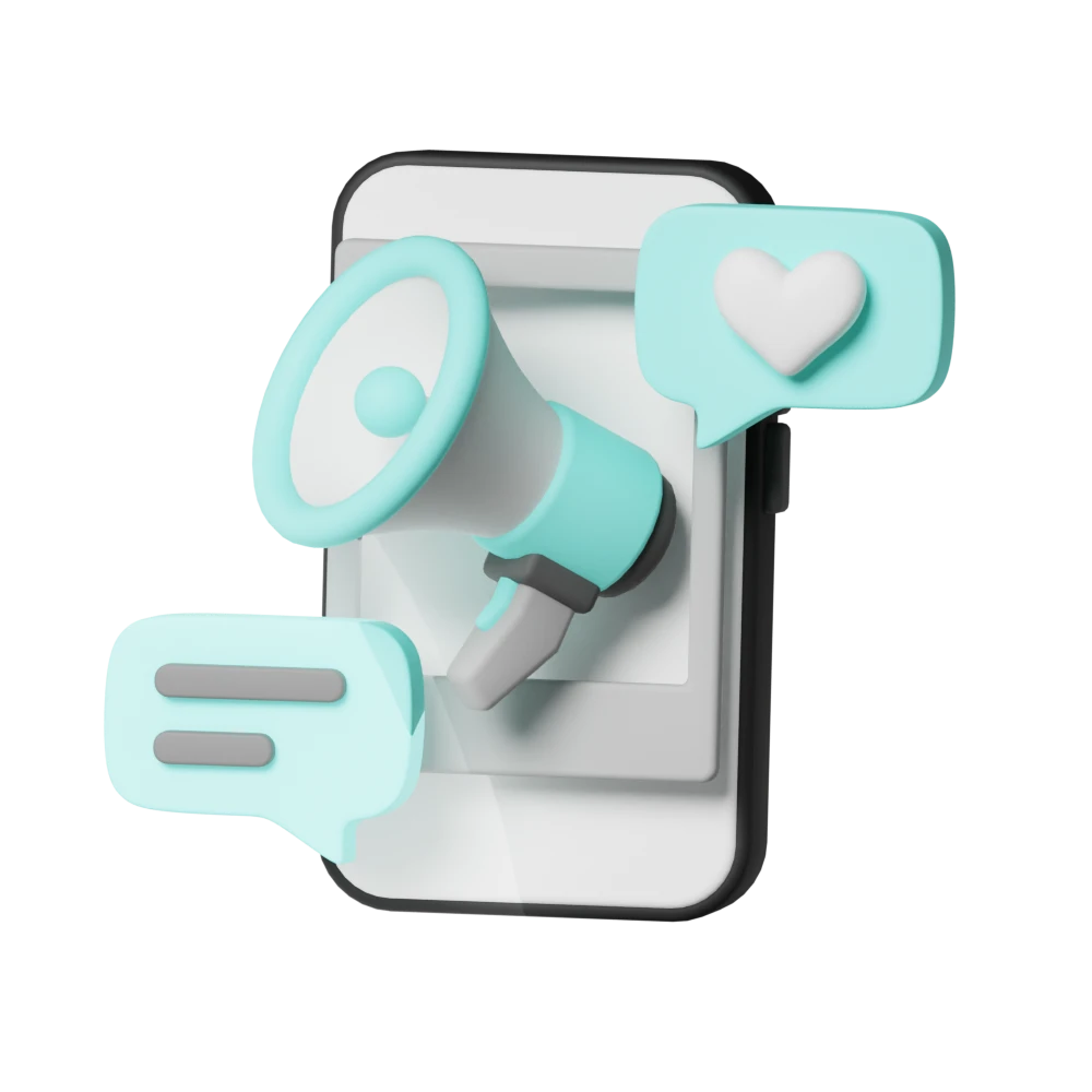 3D icon Mobile phone with a megaphone extending from it, surrounded by a heart and a speech bubble. Symbolizes the concept of gaining social media followers through active engagement and communication.