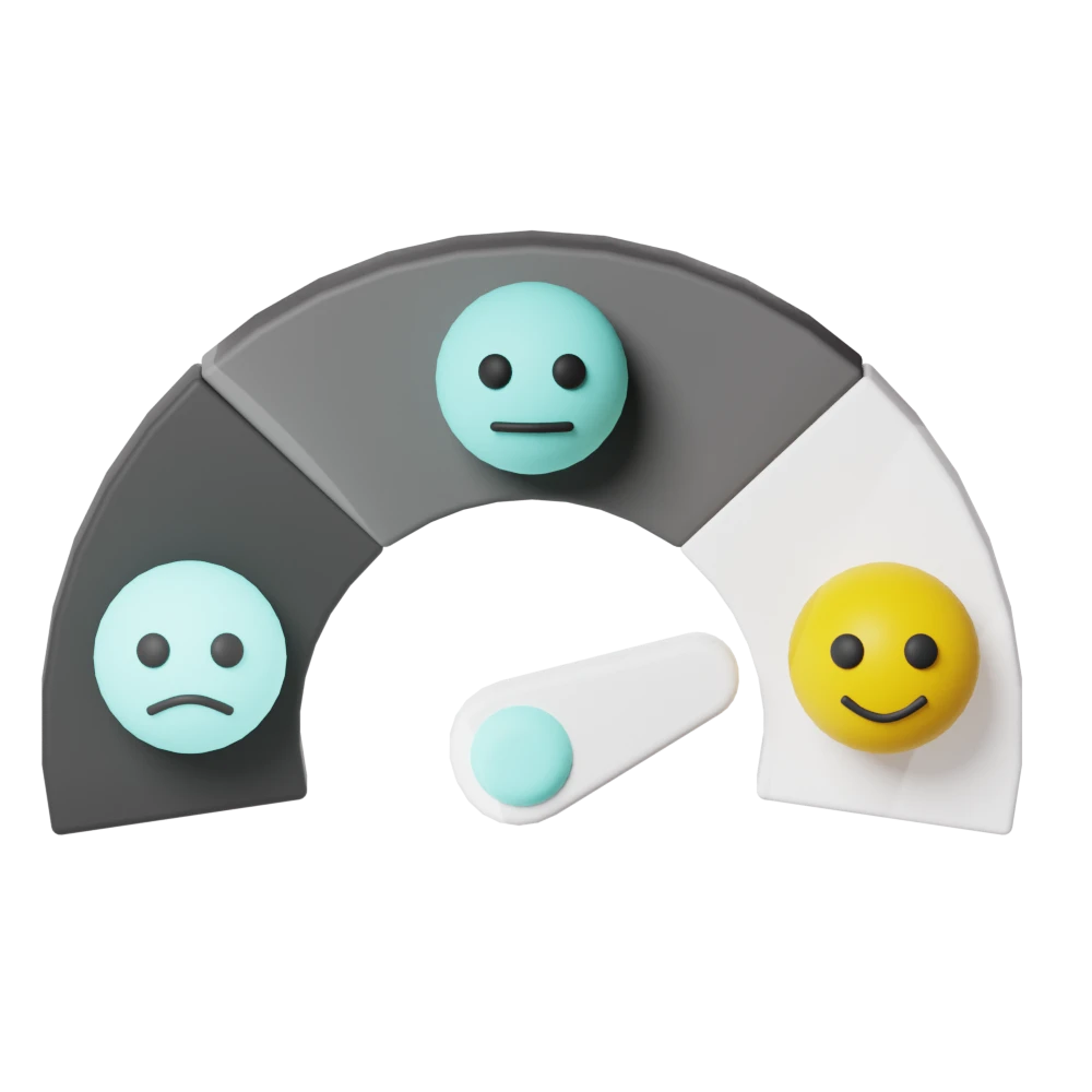 3D icon Rainbow shaped chart divided into three sections each containing a smiley face to represent different levels of customer satisfaction sad neutral and happy with a gauge pointing towards the happy face