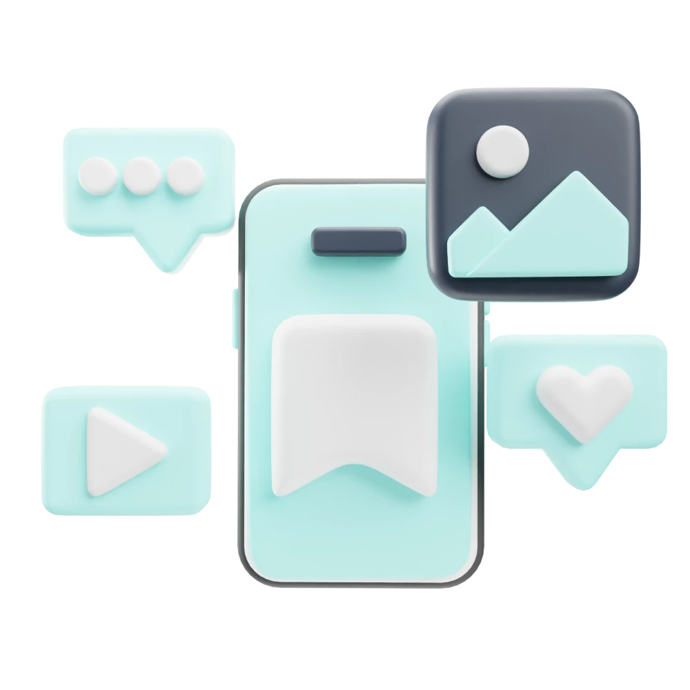 3D icon of a mobile phone with surrounding icons representing an active social media presence including a speech bubble image heart and play button